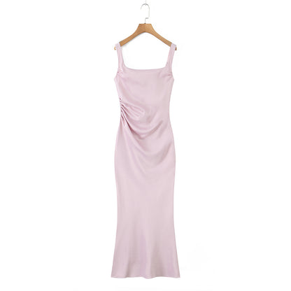 Sleeveless Satin Dress With Strap Neckline In Polyester Fabric, Slim Fit Maxi Long Dress