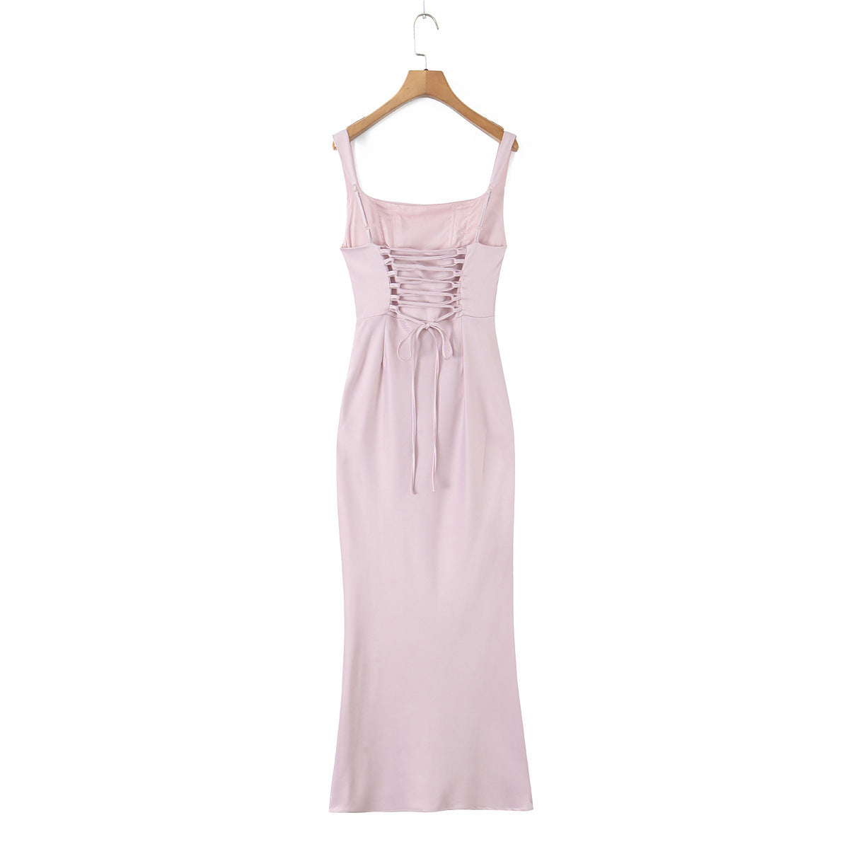 Sleeveless Satin Dress With Strap Neckline In Polyester Fabric, Slim Fit Maxi Long Dress