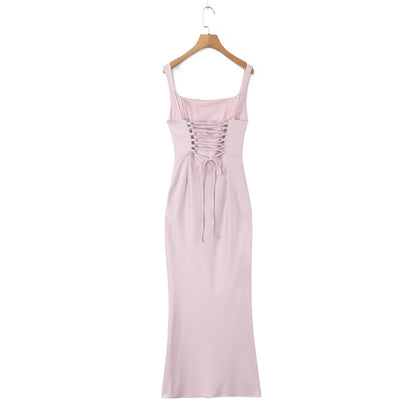 Sleeveless Satin Dress With Strap Neckline In Polyester Fabric, Slim Fit Maxi Long Dress