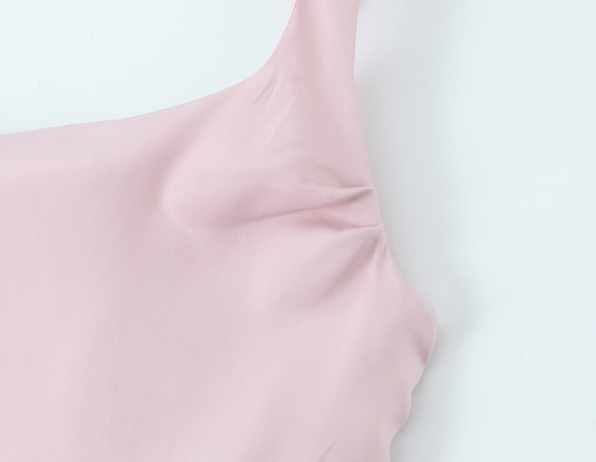 Sleeveless Satin Dress With Strap Neckline In Polyester Fabric, Slim Fit Maxi Long Dress