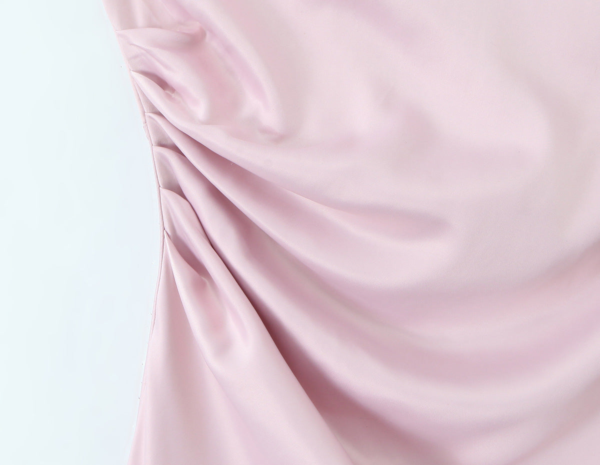 Sleeveless Satin Dress With Strap Neckline In Polyester Fabric, Slim Fit Maxi Long Dress