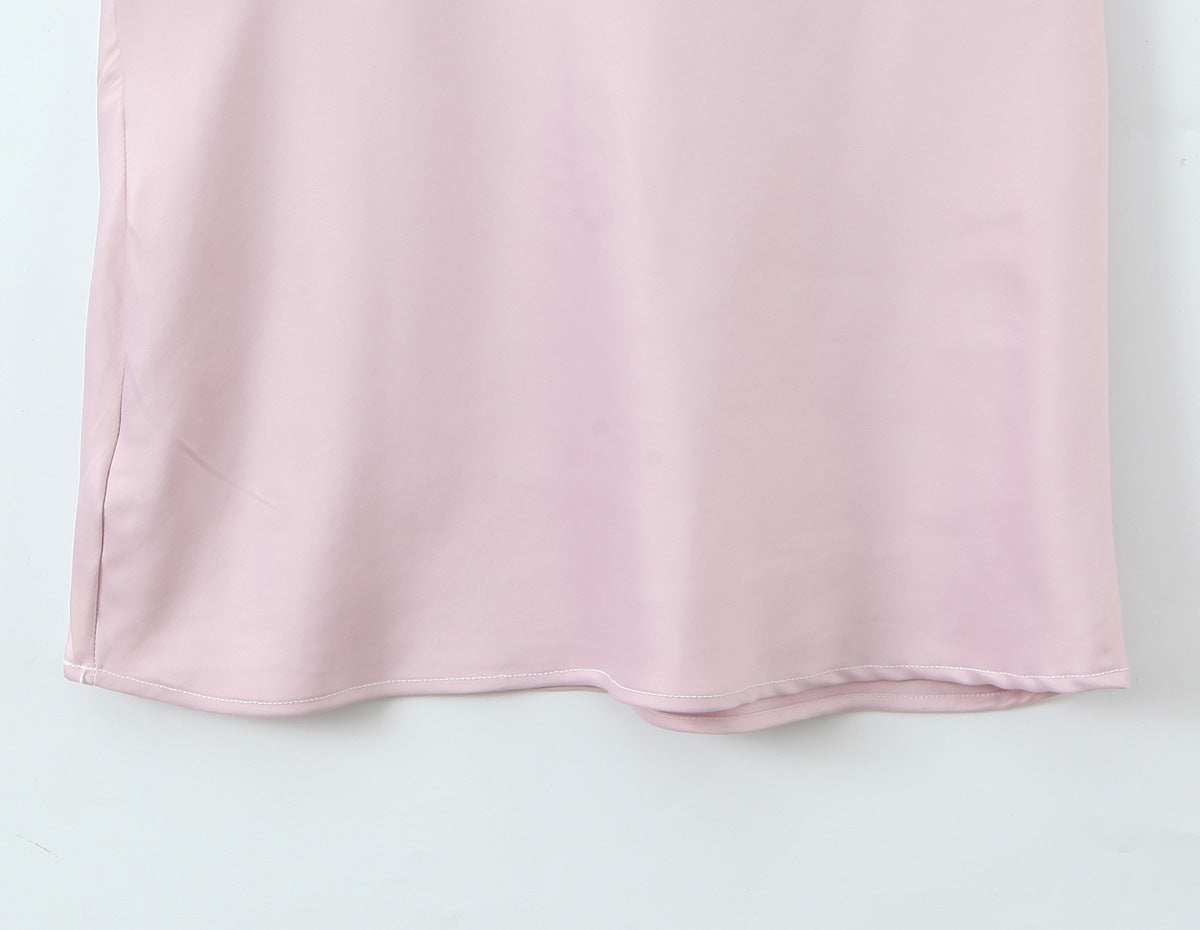 Sleeveless Satin Dress With Strap Neckline In Polyester Fabric, Slim Fit Maxi Long Dress