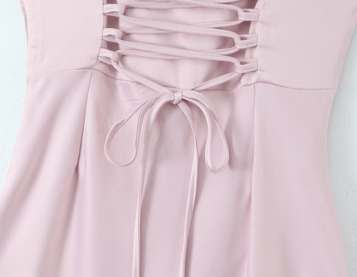 Sleeveless Satin Dress With Strap Neckline In Polyester Fabric, Slim Fit Maxi Long Dress
