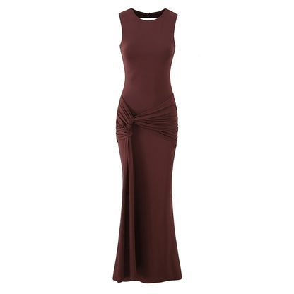 Sleeveless Party Dress With Round Neck In Slim Fit, Polyester Fabric Maxi Long Dress