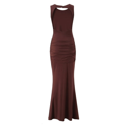 Sleeveless Party Dress With Round Neck In Slim Fit, Polyester Fabric Maxi Long Dress