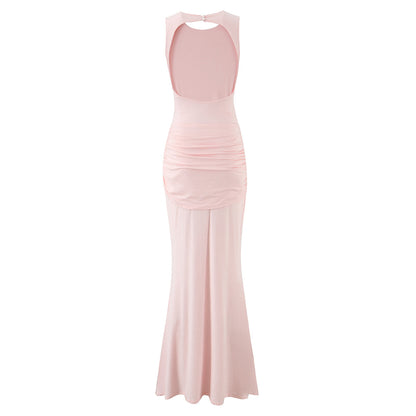 Sleeveless Party Dress With Round Neck In Slim Fit, Polyester Fabric Maxi Long Dress