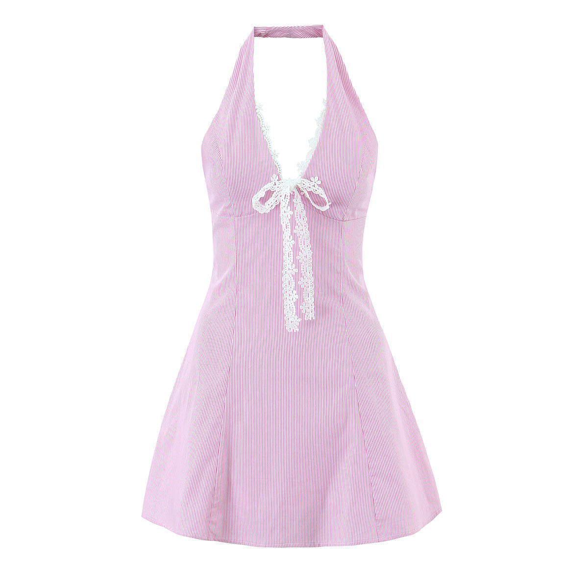 Stripe Sleeveless Halter Neck Regular Dress In Polyester With Knee-Length Design