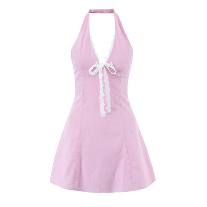 Stripe Sleeveless Halter Neck Regular Dress In Polyester With Knee-Length Design