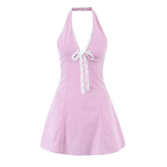 Stripe Sleeveless Halter Neck Regular Dress In Polyester With Knee-Length Design