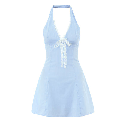 Stripe Sleeveless Halter Neck Regular Dress In Polyester With Knee-Length Design