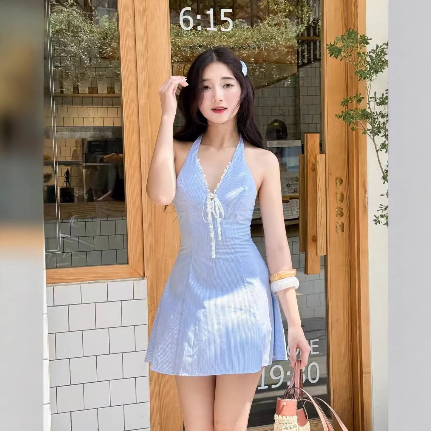 Stripe Sleeveless Halter Neck Regular Dress In Polyester With Knee-Length Design