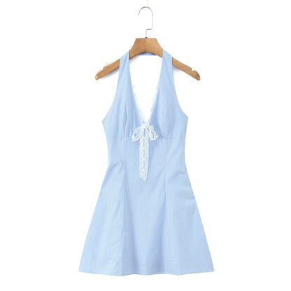 Stripe Sleeveless Halter Neck Regular Dress In Polyester With Knee-Length Design
