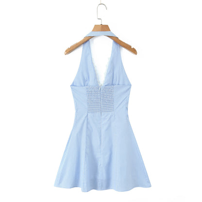 Stripe Sleeveless Halter Neck Regular Dress In Polyester With Knee-Length Design