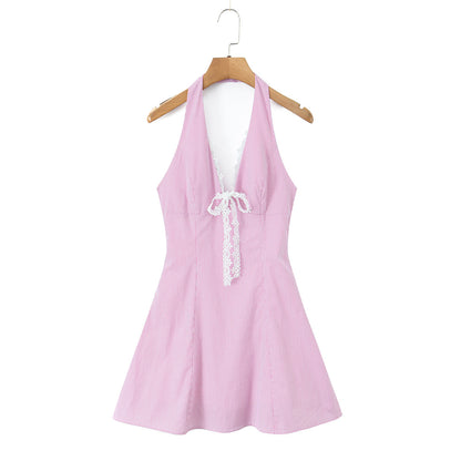 Stripe Sleeveless Halter Neck Regular Dress In Polyester With Knee-Length Design