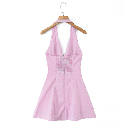 Stripe Sleeveless Halter Neck Regular Dress In Polyester With Knee-Length Design