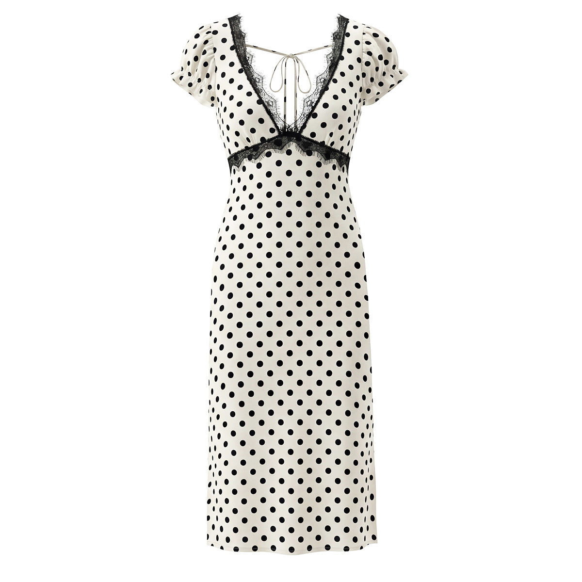 Polka Dot Dress With V Neck And Short Sleeve, Polyester Fabric Midi Dress