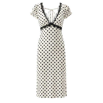 Polka Dot Dress With V Neck And Short Sleeve, Polyester Fabric Midi Dress