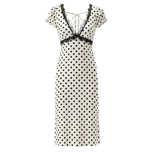 Polka Dot Dress With V Neck And Short Sleeve, Polyester Fabric Midi Dress