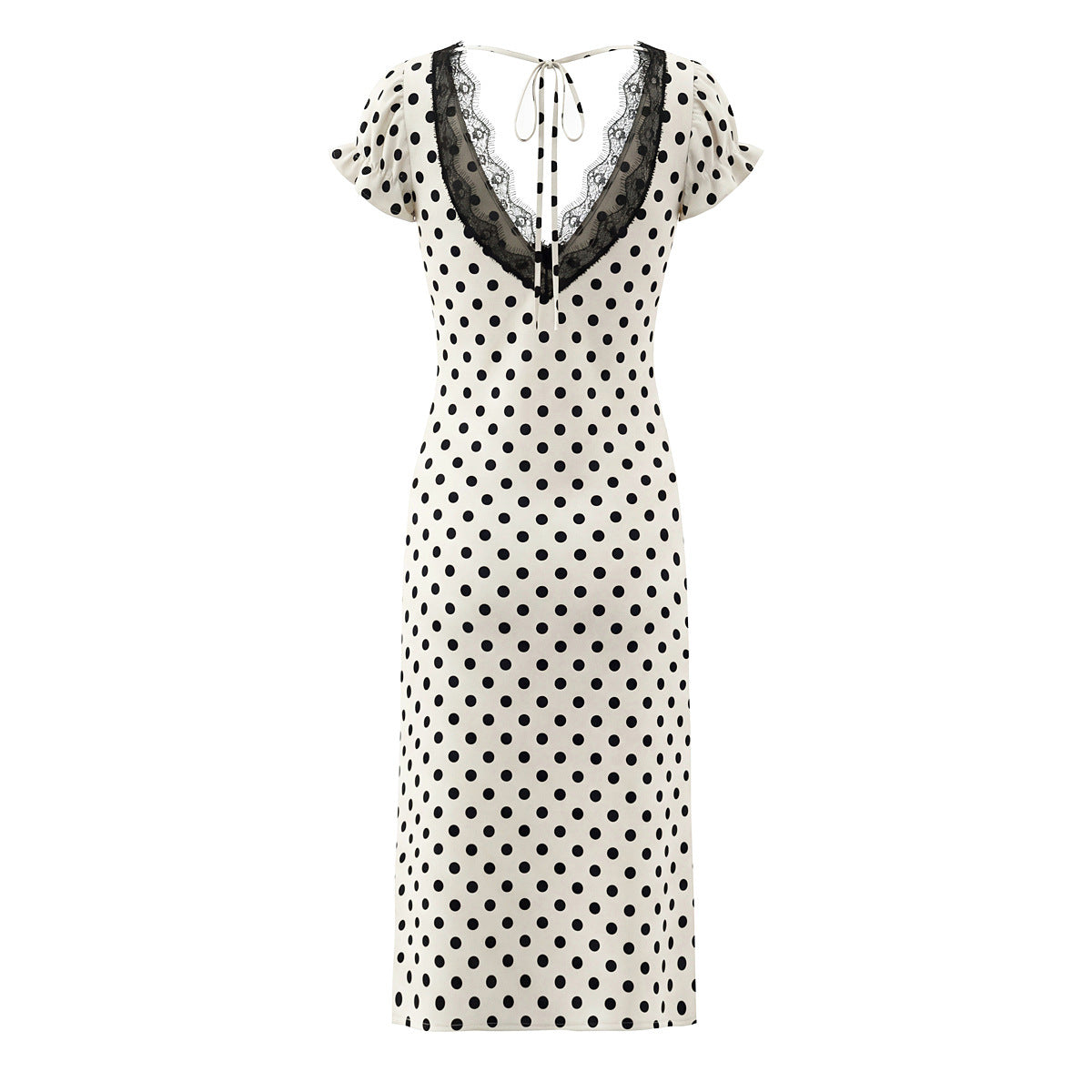 Polka Dot Dress With V Neck And Short Sleeve, Polyester Fabric Midi Dress