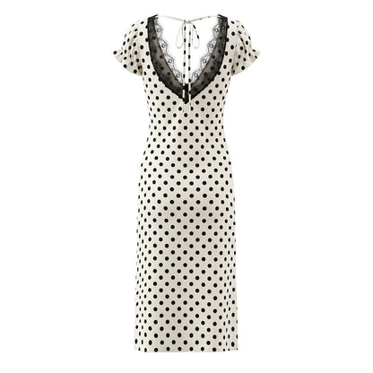 Polka Dot Dress With V Neck And Short Sleeve, Polyester Fabric Midi Dress