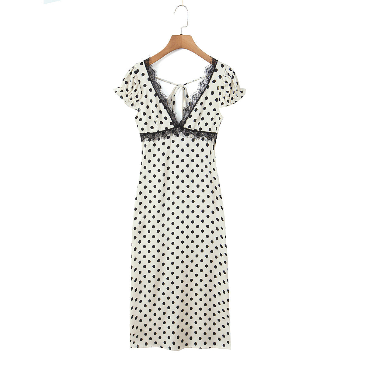 Polka Dot Dress With V Neck And Short Sleeve, Polyester Fabric Midi Dress