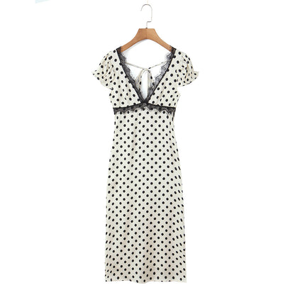 Polka Dot Dress With V Neck And Short Sleeve, Polyester Fabric Midi Dress
