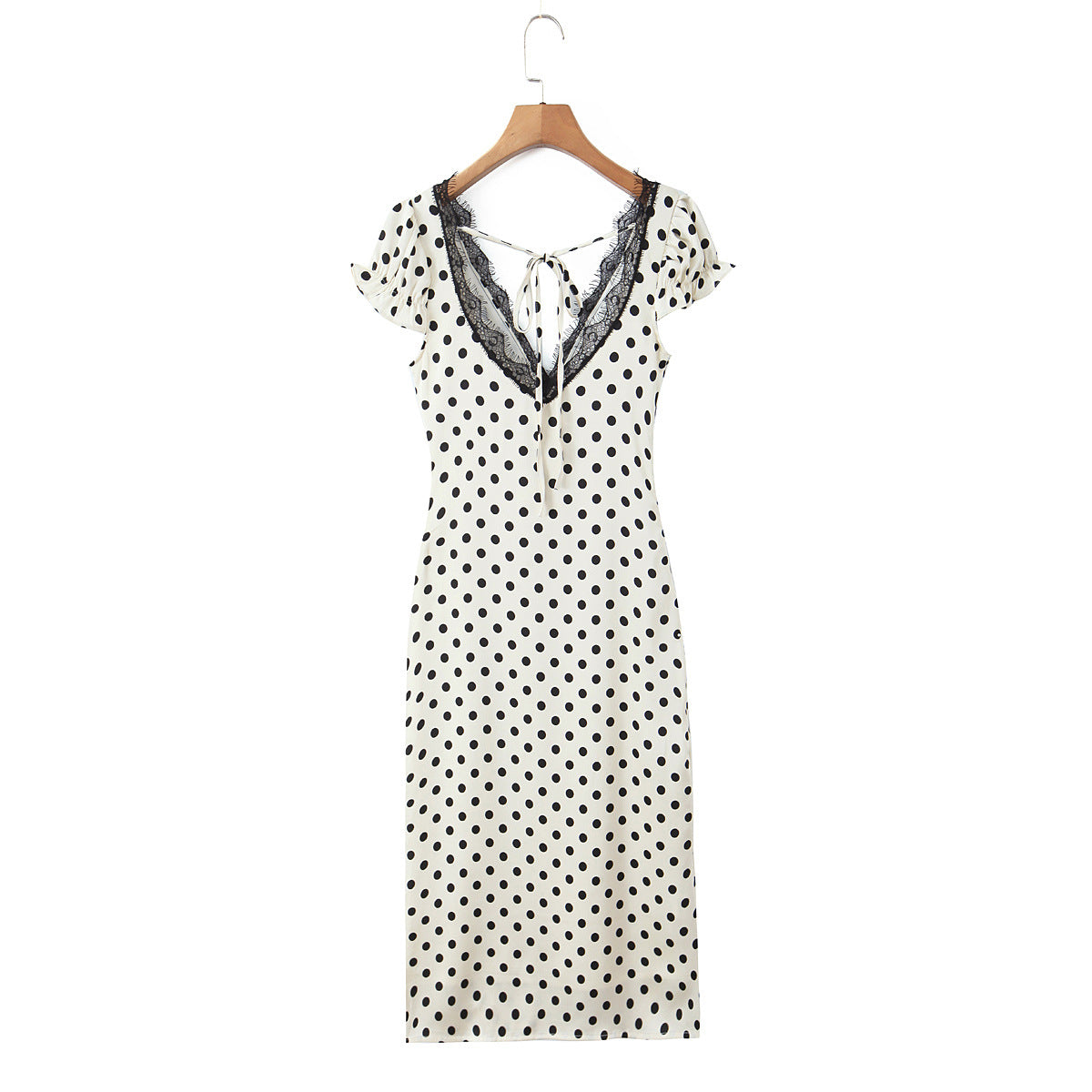 Polka Dot Dress With V Neck And Short Sleeve, Polyester Fabric Midi Dress