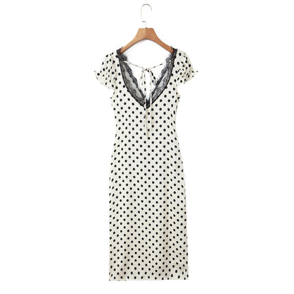 Polka Dot Dress With V Neck And Short Sleeve, Polyester Fabric Midi Dress