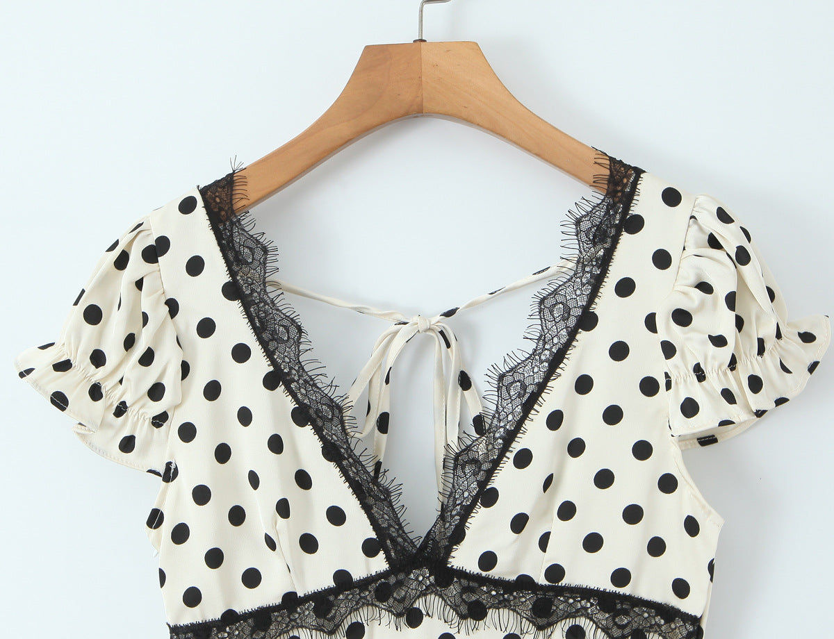 Polka Dot Dress With V Neck And Short Sleeve, Polyester Fabric Midi Dress