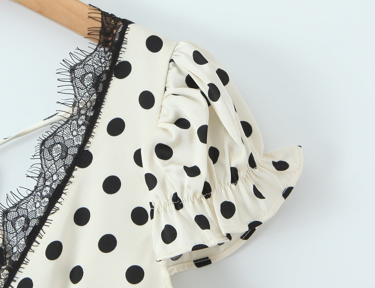 Polka Dot Dress With V Neck And Short Sleeve, Polyester Fabric Midi Dress