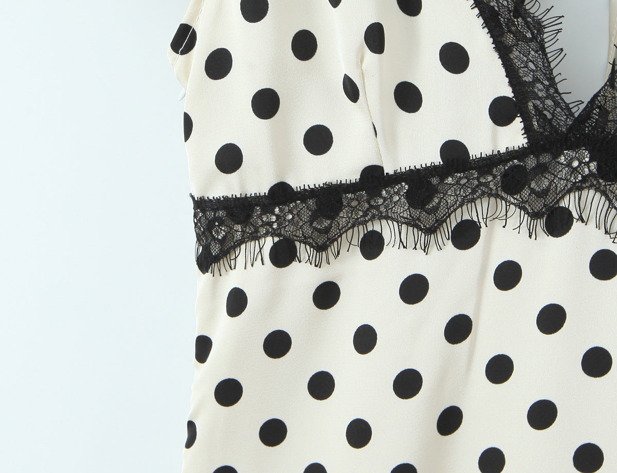Polka Dot Dress With V Neck And Short Sleeve, Polyester Fabric Midi Dress