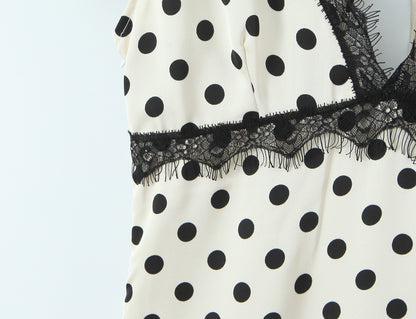Polka Dot Dress With V Neck And Short Sleeve, Polyester Fabric Midi Dress
