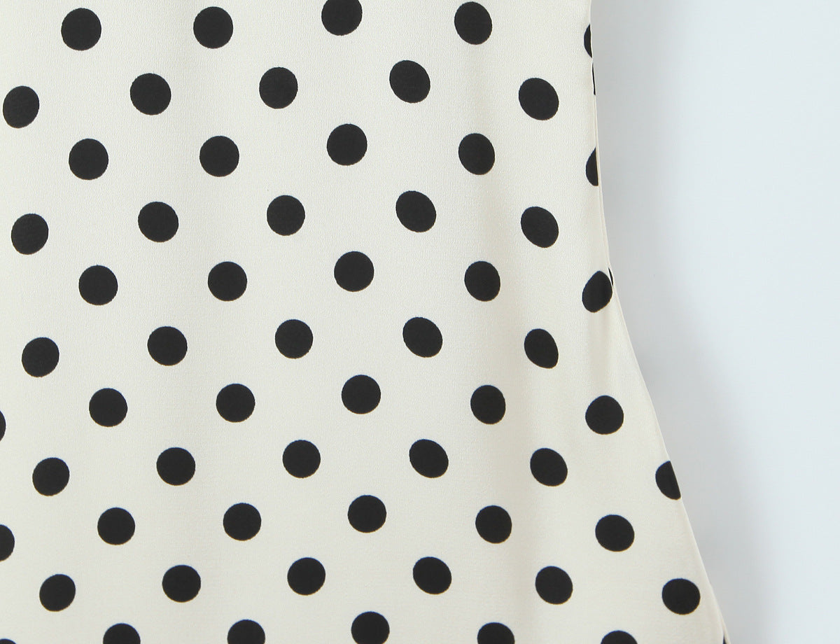 Polka Dot Dress With V Neck And Short Sleeve, Polyester Fabric Midi Dress