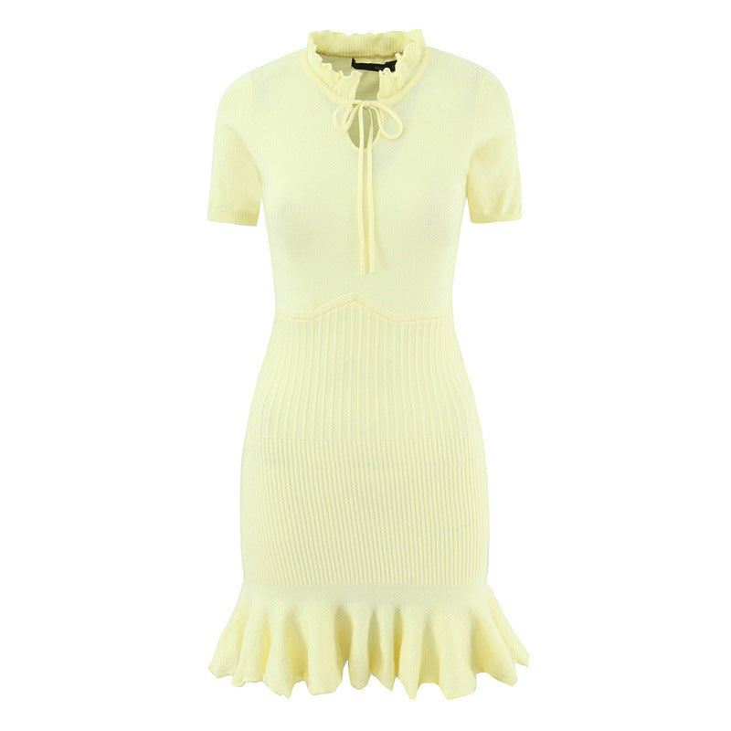 Slim Fit Sweater Dress With Short Sleeve And Round Neck In Polyester, Available As Midi Dress