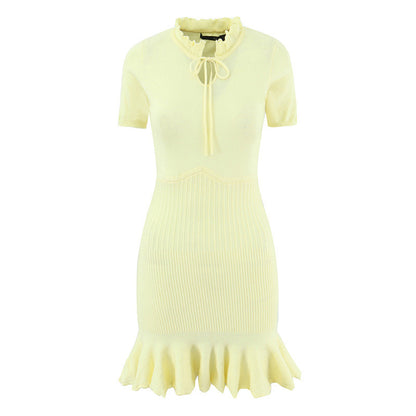 Slim Fit Sweater Dress With Short Sleeve And Round Neck In Polyester, Available As Midi Dress