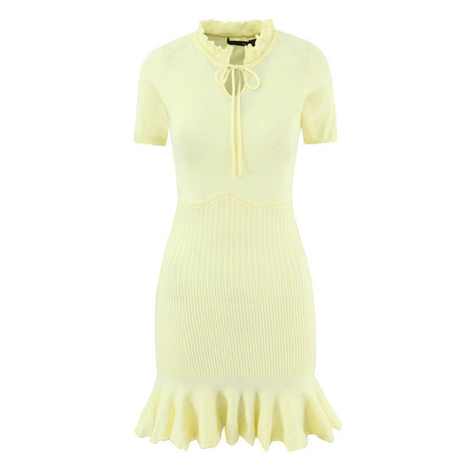 Slim Fit Sweater Dress With Short Sleeve And Round Neck In Polyester, Available As Midi Dress