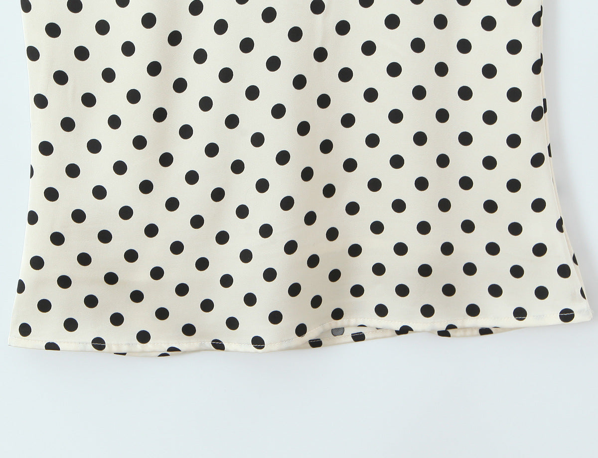 Polka Dot Dress With V Neck And Short Sleeve, Polyester Fabric Midi Dress