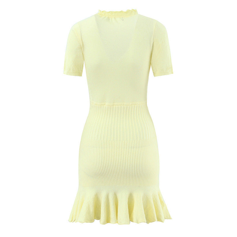 Slim Fit Sweater Dress With Short Sleeve And Round Neck In Polyester, Available As Midi Dress