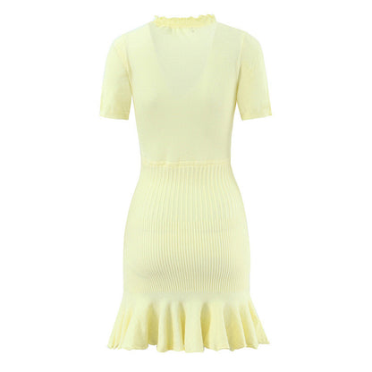 Slim Fit Sweater Dress With Short Sleeve And Round Neck In Polyester, Available As Midi Dress