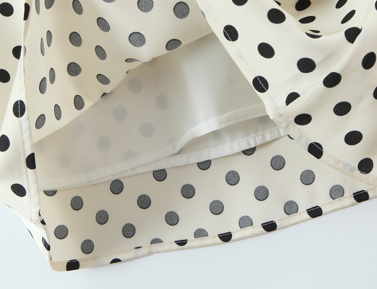 Polka Dot Dress With V Neck And Short Sleeve, Polyester Fabric Midi Dress