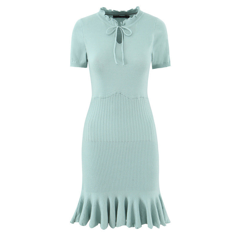 Slim Fit Sweater Dress With Short Sleeve And Round Neck In Polyester, Available As Midi Dress