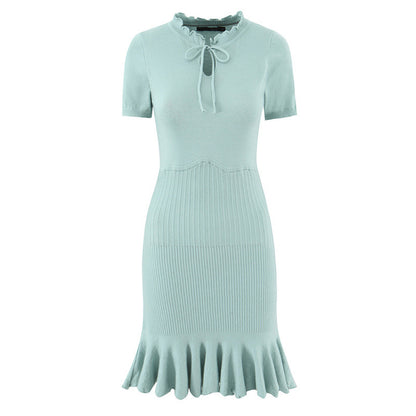 Slim Fit Sweater Dress With Short Sleeve And Round Neck In Polyester, Available As Midi Dress