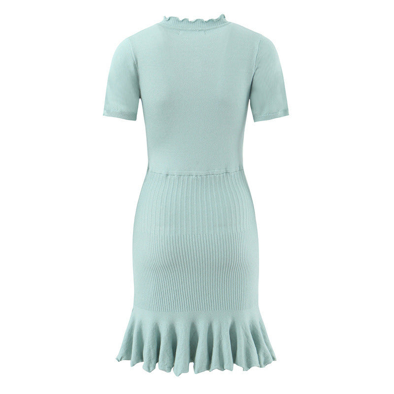 Slim Fit Sweater Dress With Short Sleeve And Round Neck In Polyester, Available As Midi Dress