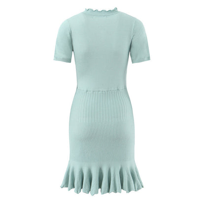 Slim Fit Sweater Dress With Short Sleeve And Round Neck In Polyester, Available As Midi Dress