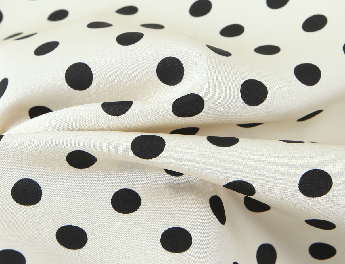 Polka Dot Dress With V Neck And Short Sleeve, Polyester Fabric Midi Dress