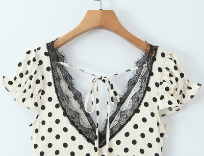 Polka Dot Dress With V Neck And Short Sleeve, Polyester Fabric Midi Dress