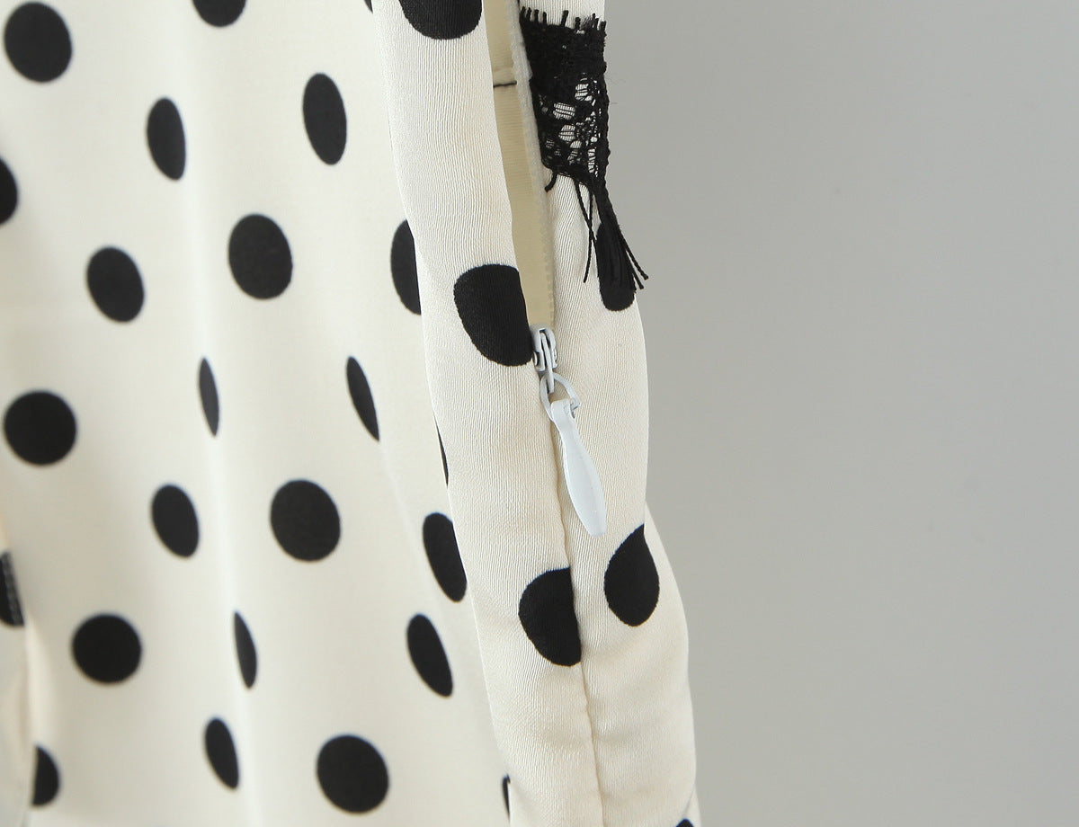 Polka Dot Dress With V Neck And Short Sleeve, Polyester Fabric Midi Dress