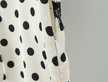 Polka Dot Dress With V Neck And Short Sleeve, Polyester Fabric Midi Dress