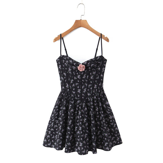 Sexy Sleeveless Floral Dress With Collarless Neckline In Polyester, Knee-Length Style