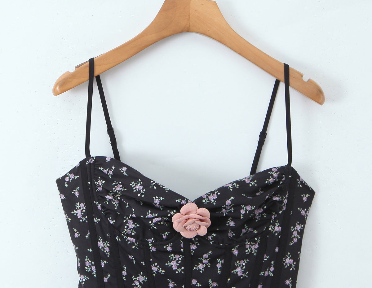 Sexy Sleeveless Floral Dress With Collarless Neckline In Polyester, Knee-Length Style